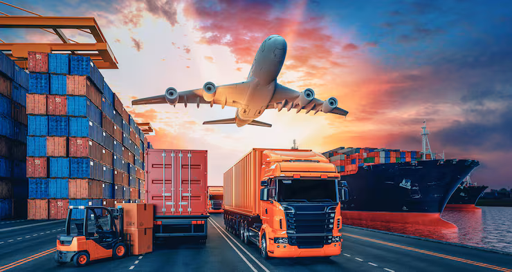 Global logistics, ship, plane, and truck transport